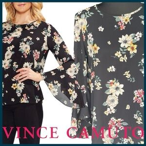 Vince Camuto Black Floral Pullover Bell Sleeve Blouse Top (S)